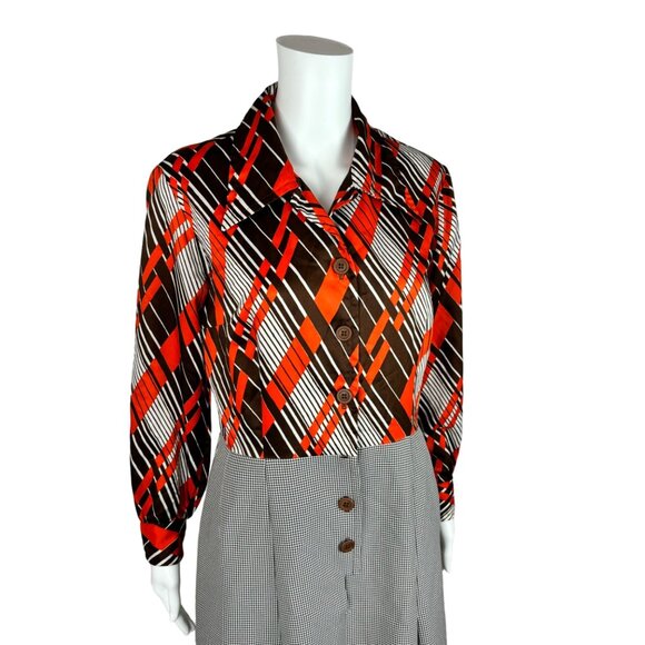 Vintage 70s Shirtdress Women's Large Secretary Striped Houndstooth 2 Piece Look - Picture 6 of 10